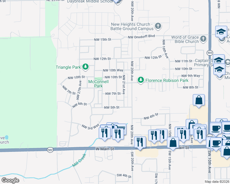 map of restaurants, bars, coffee shops, grocery stores, and more near 2202 Northwest 7th Street in Battle Ground