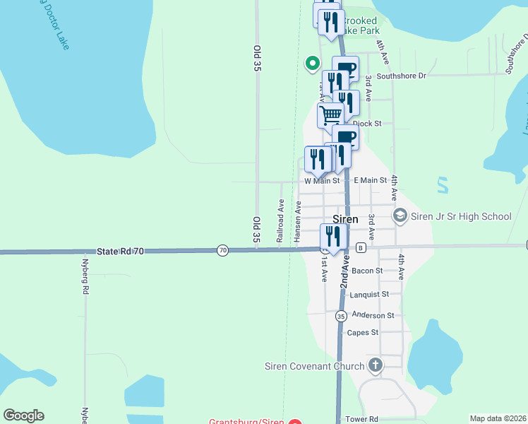 map of restaurants, bars, coffee shops, grocery stores, and more near 24021 Ellis Avenue in Siren