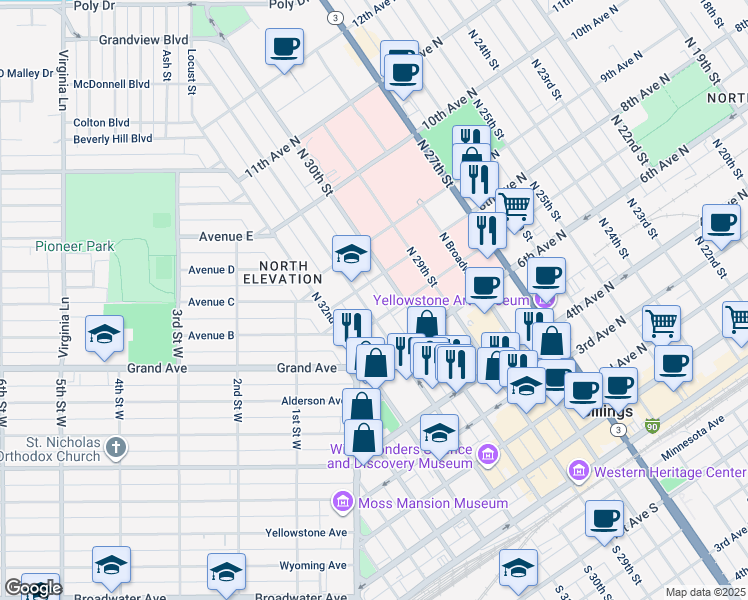 map of restaurants, bars, coffee shops, grocery stores, and more near 711 North 31st Street in Billings
