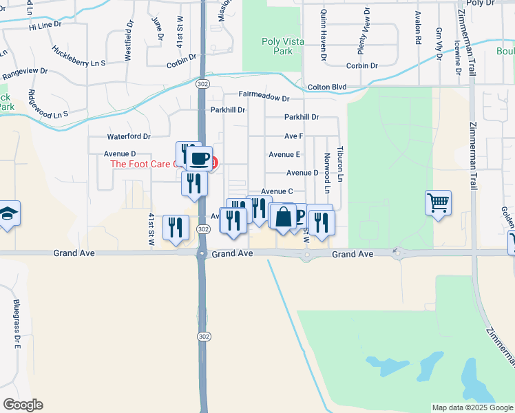 map of restaurants, bars, coffee shops, grocery stores, and more near 3825 Avenue B in Billings