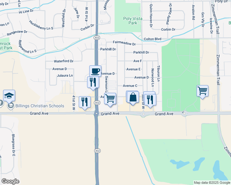 map of restaurants, bars, coffee shops, grocery stores, and more near 1550 Country Manor Boulevard in Billings