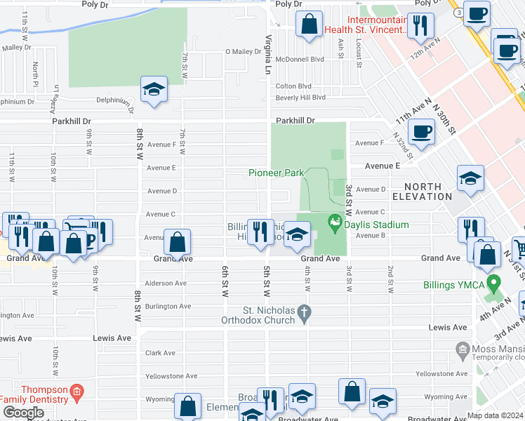 map of restaurants, bars, coffee shops, grocery stores, and more near 501 Avenue C in Billings