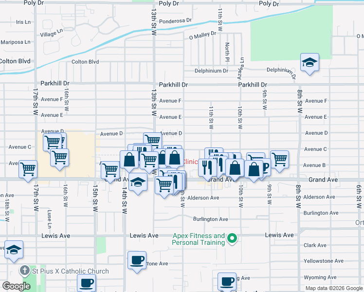 map of restaurants, bars, coffee shops, grocery stores, and more near 1201 Avenue C in Billings