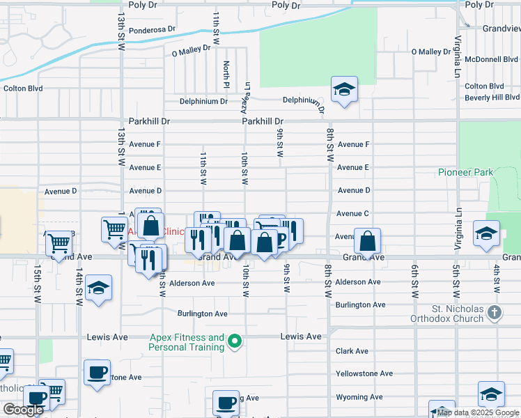 map of restaurants, bars, coffee shops, grocery stores, and more near 929 Avenue C in Billings