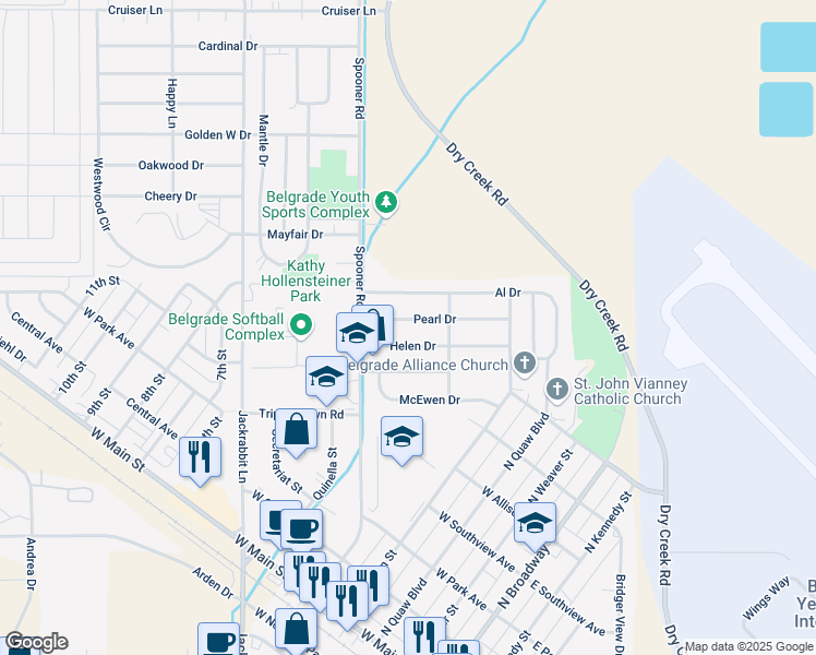 map of restaurants, bars, coffee shops, grocery stores, and more near 409 Helen Drive in Belgrade