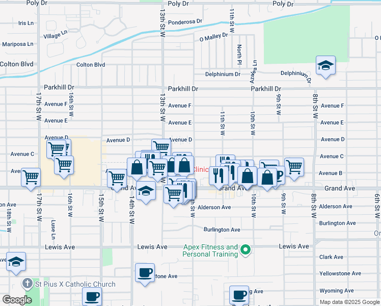map of restaurants, bars, coffee shops, grocery stores, and more near 1201 Avenue C in Billings