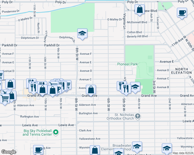 map of restaurants, bars, coffee shops, grocery stores, and more near 641 Avenue C in Billings