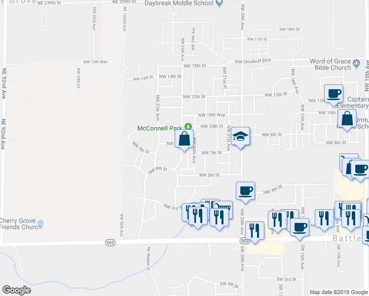 map of restaurants, bars, coffee shops, grocery stores, and more near 711 Northwest 25th Avenue in Battle Ground