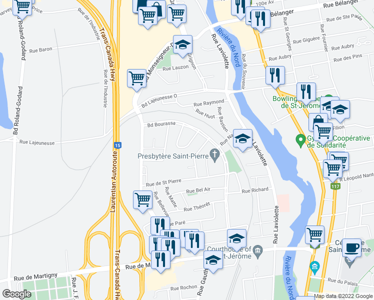 map of restaurants, bars, coffee shops, grocery stores, and more near 149 Rue Themens in Saint-Jérôme