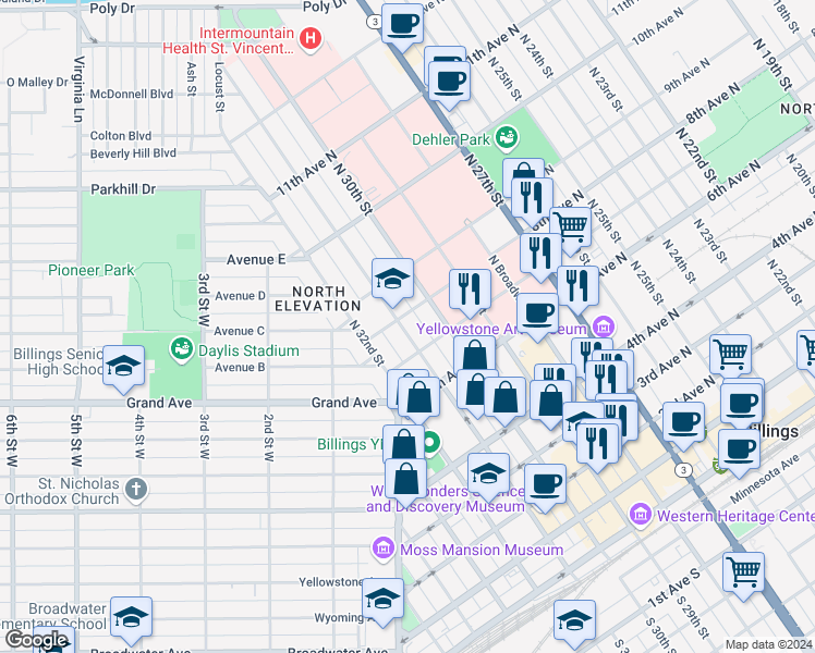map of restaurants, bars, coffee shops, grocery stores, and more near 719 North 31st Street in Billings