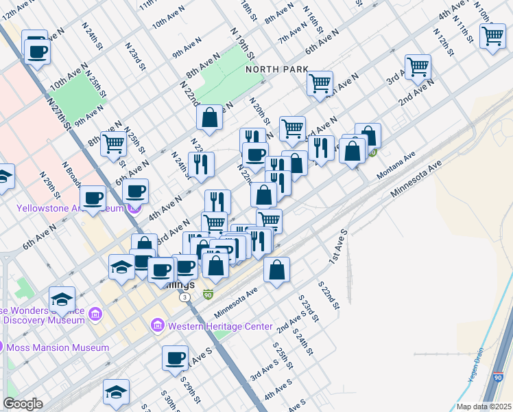 map of restaurants, bars, coffee shops, grocery stores, and more near 122 North 22nd Street in Billings