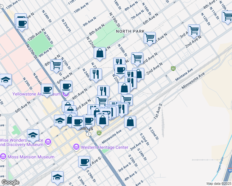 map of restaurants, bars, coffee shops, grocery stores, and more near in Billings