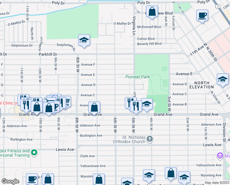 map of restaurants, bars, coffee shops, grocery stores, and more near 605 Avenue C in Billings