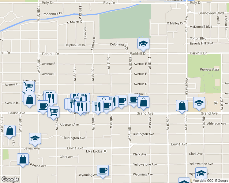 map of restaurants, bars, coffee shops, grocery stores, and more near 1615 9th Street West in Billings