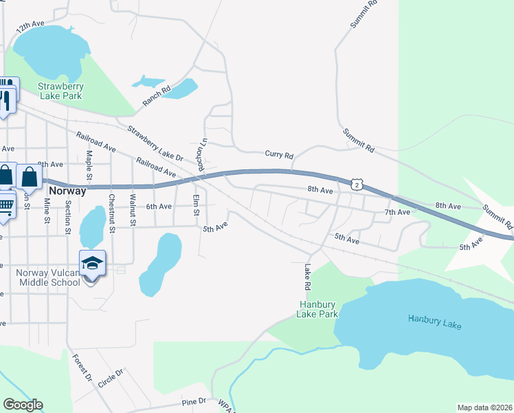 map of restaurants, bars, coffee shops, grocery stores, and more near 1st Street in Norway