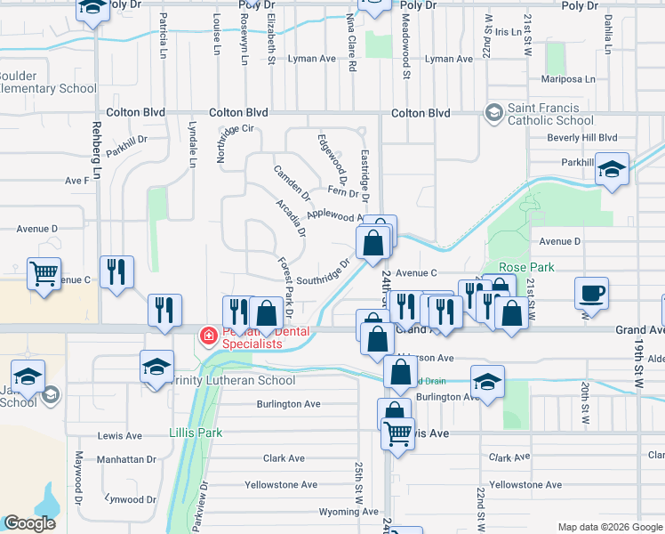 map of restaurants, bars, coffee shops, grocery stores, and more near 2483 Southridge Drive in Billings