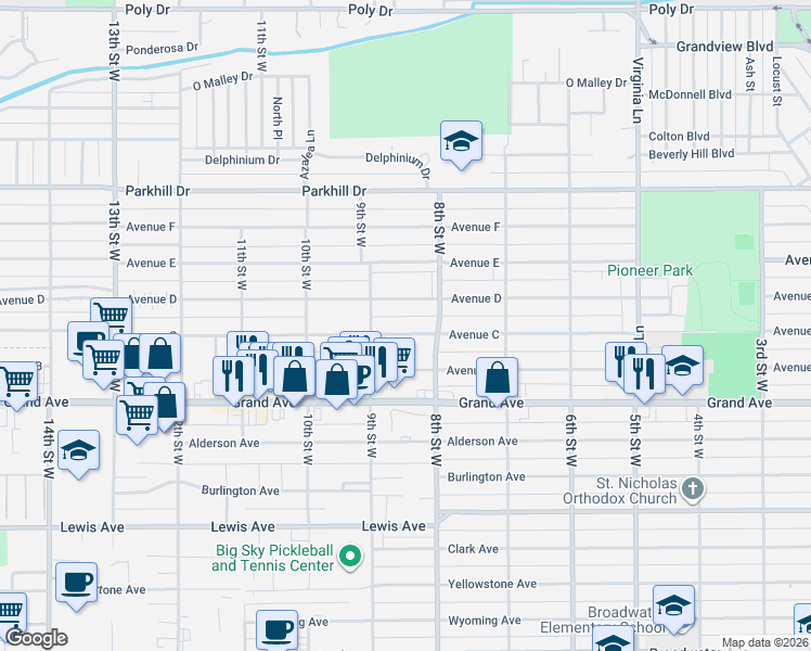 map of restaurants, bars, coffee shops, grocery stores, and more near 821 Avenue C in Billings