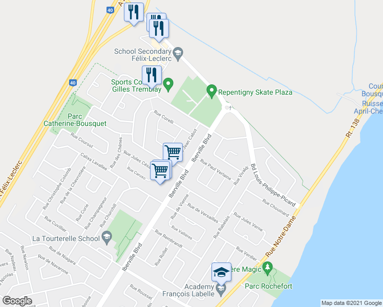 map of restaurants, bars, coffee shops, grocery stores, and more near 1369 Boulevard Iberville in Repentigny