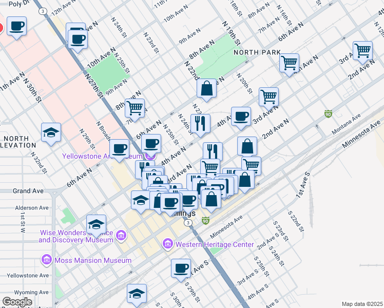 map of restaurants, bars, coffee shops, grocery stores, and more near 315 N 25th St in Billings
