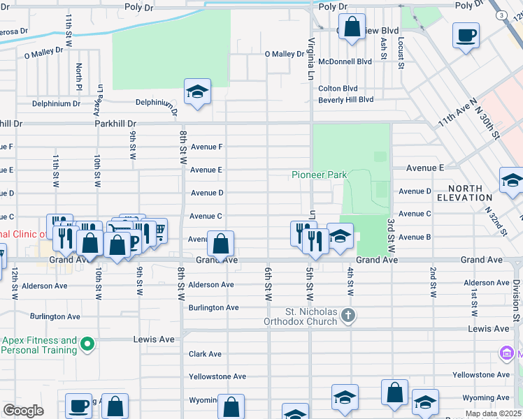 map of restaurants, bars, coffee shops, grocery stores, and more near 605 Avenue C in Billings