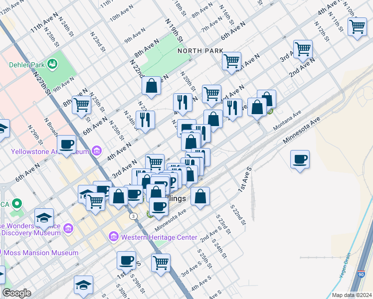 map of restaurants, bars, coffee shops, grocery stores, and more near 2204 2nd Avenue North in Billings