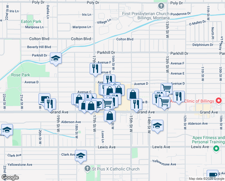 map of restaurants, bars, coffee shops, grocery stores, and more near 1595 Grand Avenue in Billings