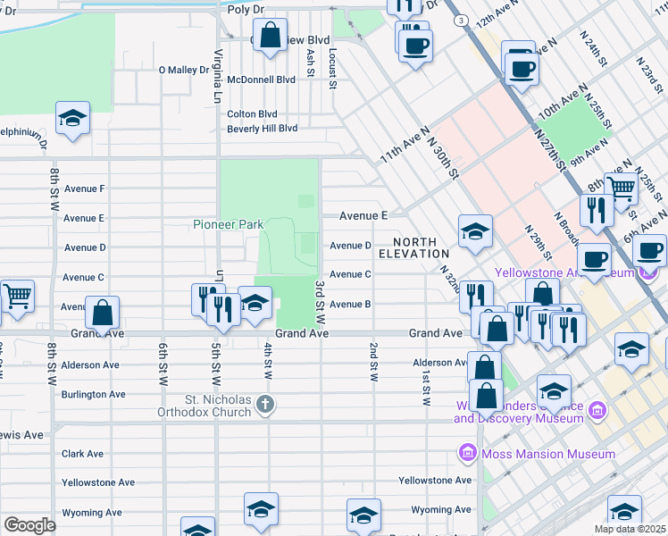 map of restaurants, bars, coffee shops, grocery stores, and more near 237 Avenue C in Billings