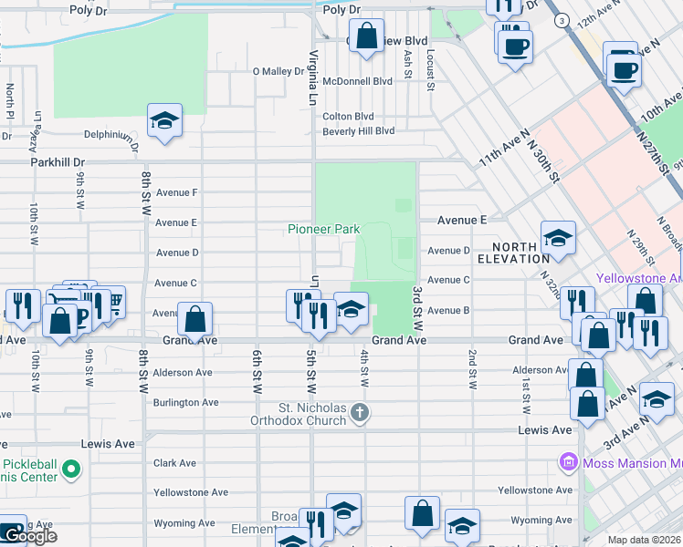 map of restaurants, bars, coffee shops, grocery stores, and more near 420B South Lordwith Drive in Billings