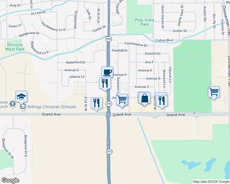 map of restaurants, bars, coffee shops, grocery stores, and more near 1650 Swanson Lane in Billings