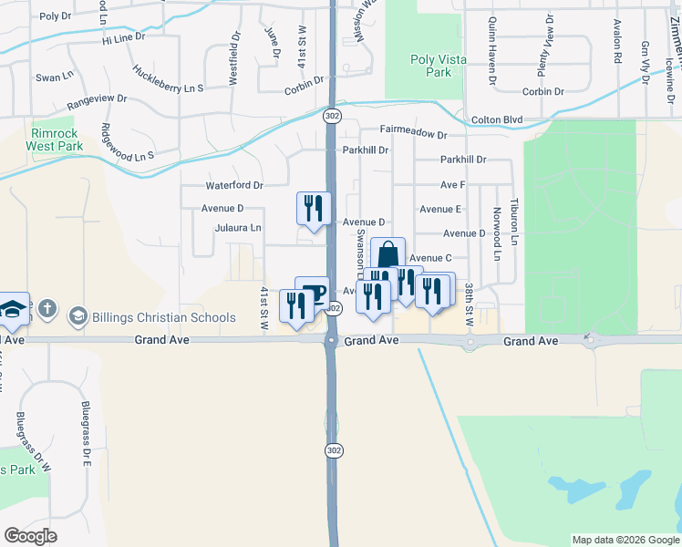 map of restaurants, bars, coffee shops, grocery stores, and more near 1650 Swanson Lane in Billings