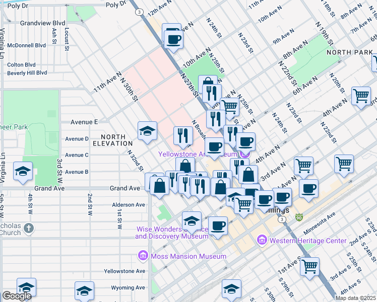 map of restaurants, bars, coffee shops, grocery stores, and more near 622 North 29th Street in Billings