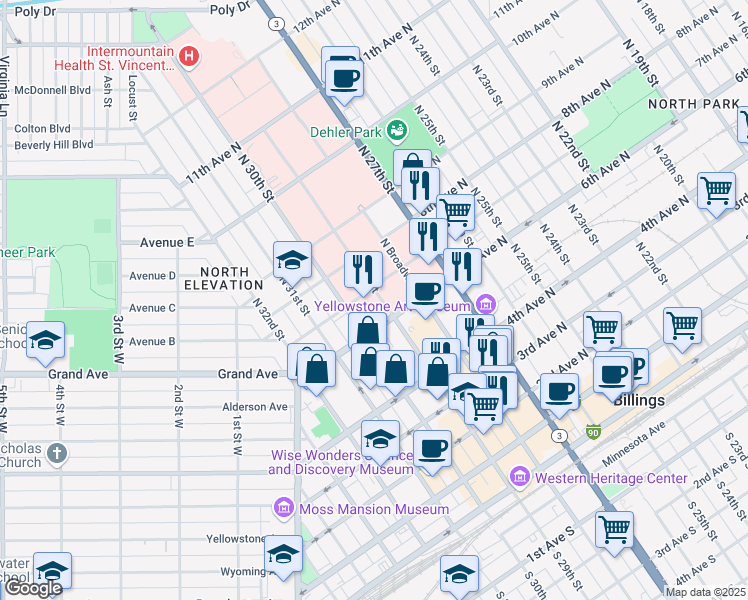 map of restaurants, bars, coffee shops, grocery stores, and more near 622 North 29th Street in Billings