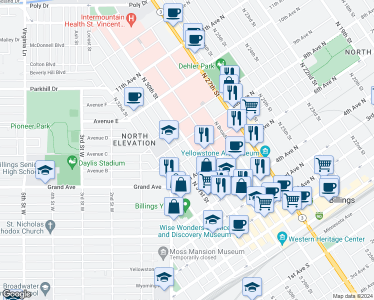 map of restaurants, bars, coffee shops, grocery stores, and more near 711 North 31st Street in Billings