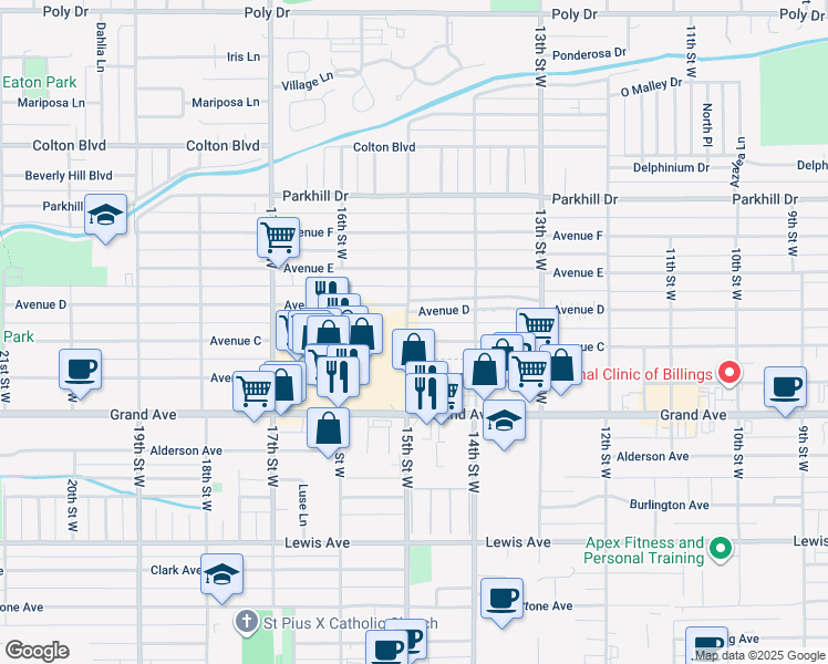 map of restaurants, bars, coffee shops, grocery stores, and more near 1445 Avenue C in Billings