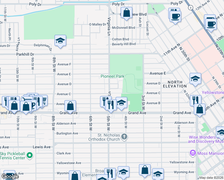 map of restaurants, bars, coffee shops, grocery stores, and more near 1522 Virginia Lane in Billings