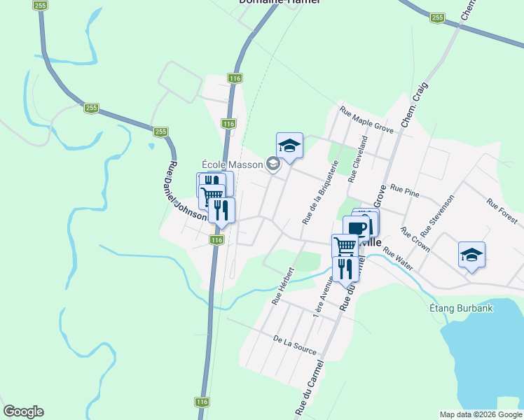 map of restaurants, bars, coffee shops, grocery stores, and more near 171 Rue Daniel Johnson in Danville
