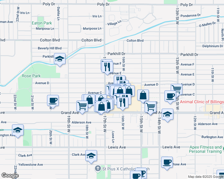 map of restaurants, bars, coffee shops, grocery stores, and more near 1607 17th Street West in Billings