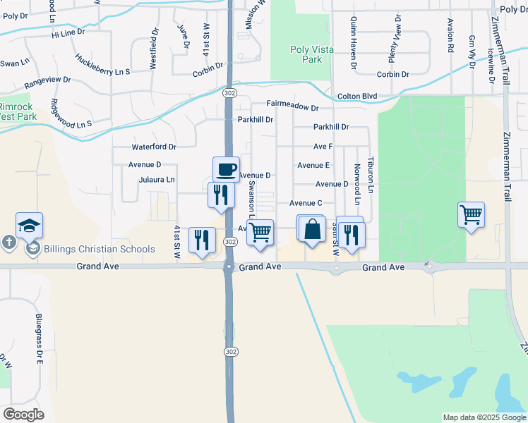map of restaurants, bars, coffee shops, grocery stores, and more near 1550 Country Manor Boulevard in Billings