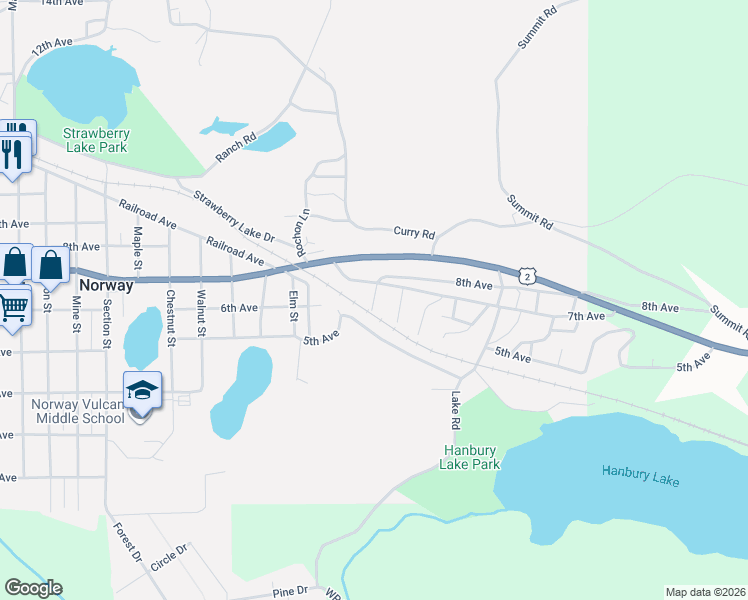 map of restaurants, bars, coffee shops, grocery stores, and more near 1st Street in Norway