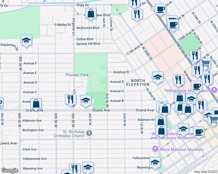 map of restaurants, bars, coffee shops, grocery stores, and more near 1611 3rd Street West in Billings