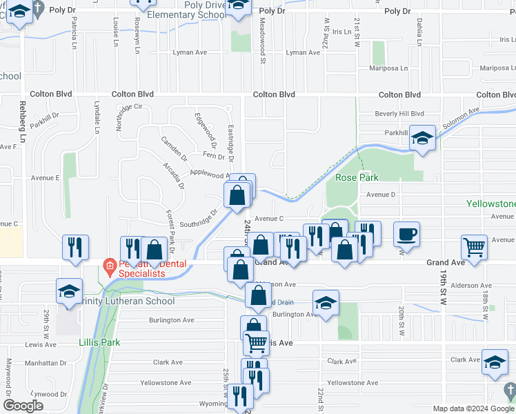 map of restaurants, bars, coffee shops, grocery stores, and more near 1643 North 24th Street West in Billings