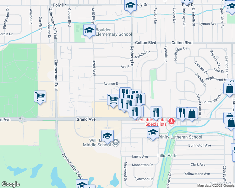 map of restaurants, bars, coffee shops, grocery stores, and more near 3075 Avenue C in Billings