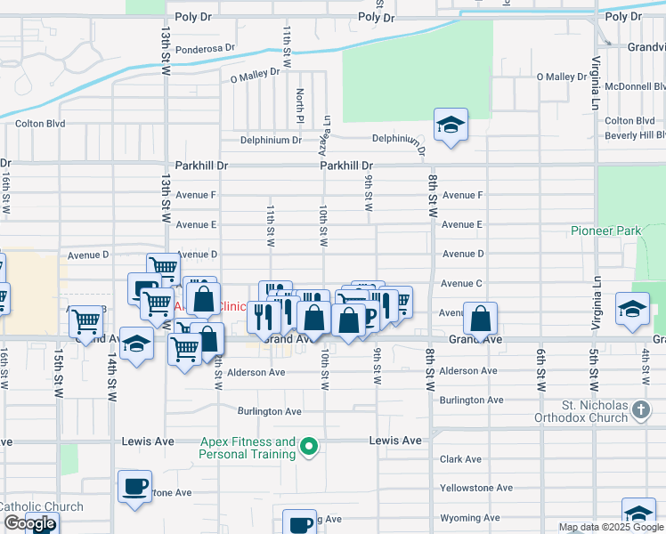 map of restaurants, bars, coffee shops, grocery stores, and more near 929 Avenue C in Billings