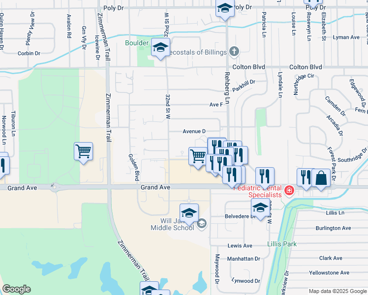map of restaurants, bars, coffee shops, grocery stores, and more near 3155 Avenue C in Billings