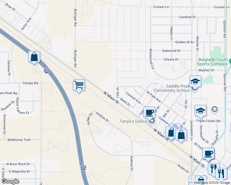 map of restaurants, bars, coffee shops, grocery stores, and more near 1112 Biehl Drive in Belgrade