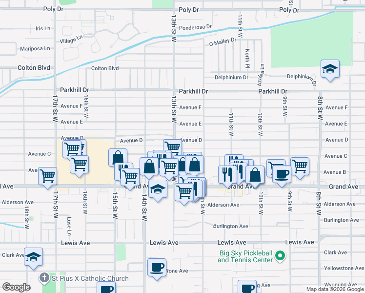 map of restaurants, bars, coffee shops, grocery stores, and more near 1236 Avenue D in Billings