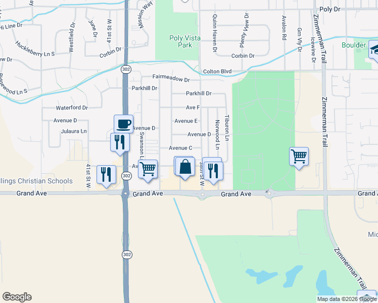 map of restaurants, bars, coffee shops, grocery stores, and more near 1502 38th Street West in Billings