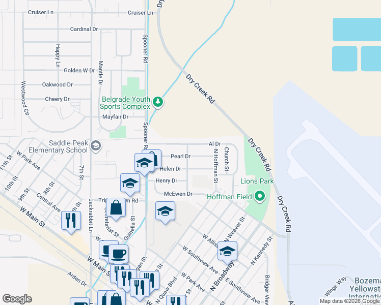 map of restaurants, bars, coffee shops, grocery stores, and more near 401 Helen Drive in Belgrade