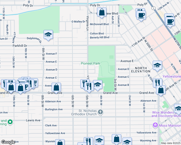map of restaurants, bars, coffee shops, grocery stores, and more near 445 Lordwith Drive in Billings