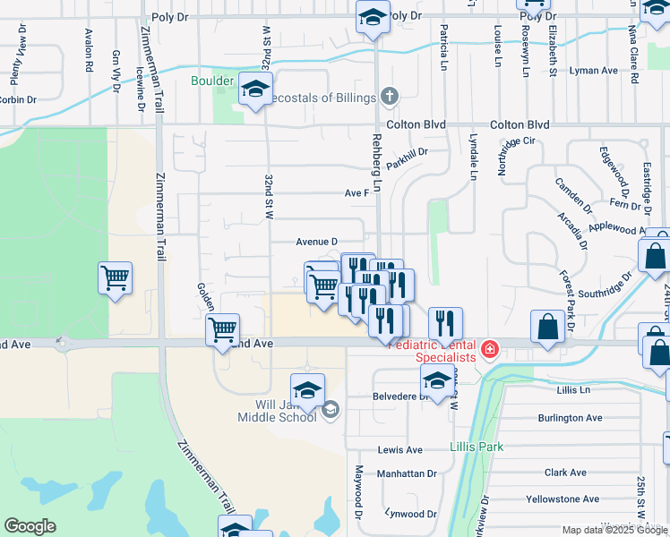 map of restaurants, bars, coffee shops, grocery stores, and more near 3075 Avenue C in Billings